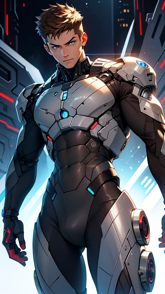 18 year old cybernetic guy detailed muscles realistic masterpieces full figure pose (best quality,ultra-detailed), brown hair, blue eyes, fair skin, fit body, slim figure, (cocky expression), cybernetic mobile combat suit