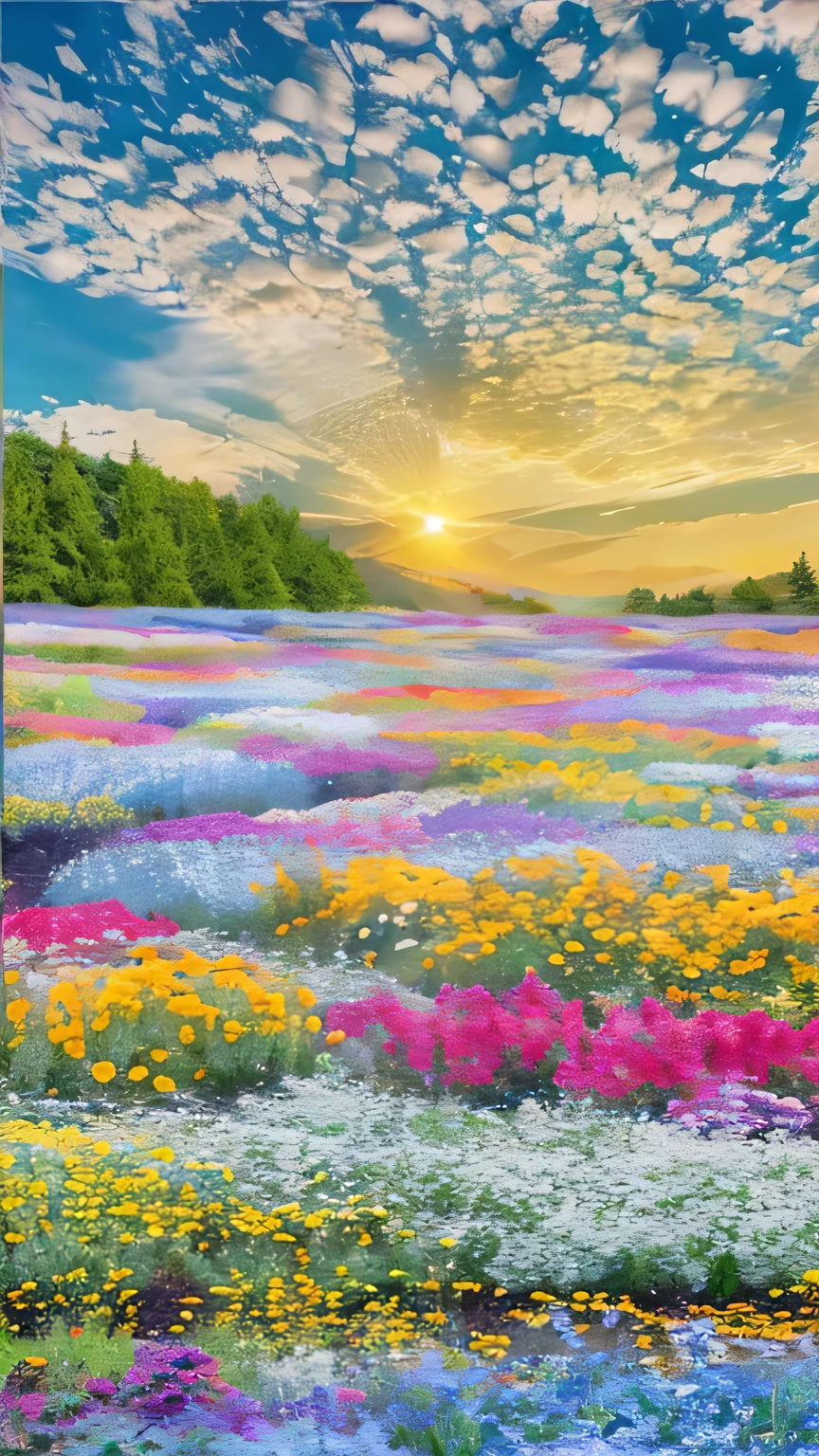 a Flower Field with a sunset in the background, Fantasy Flower Field, Flower Field, Flower Field, Flower Field, Flower Field background, an aesthetic Flower Field, Wild Flower Field, Flower Fields, 雑Flower Field, with Flower Fields as foreground, Flower Field, Meadow with flowers, in a Flower Field, Amazingly colorful landscapes