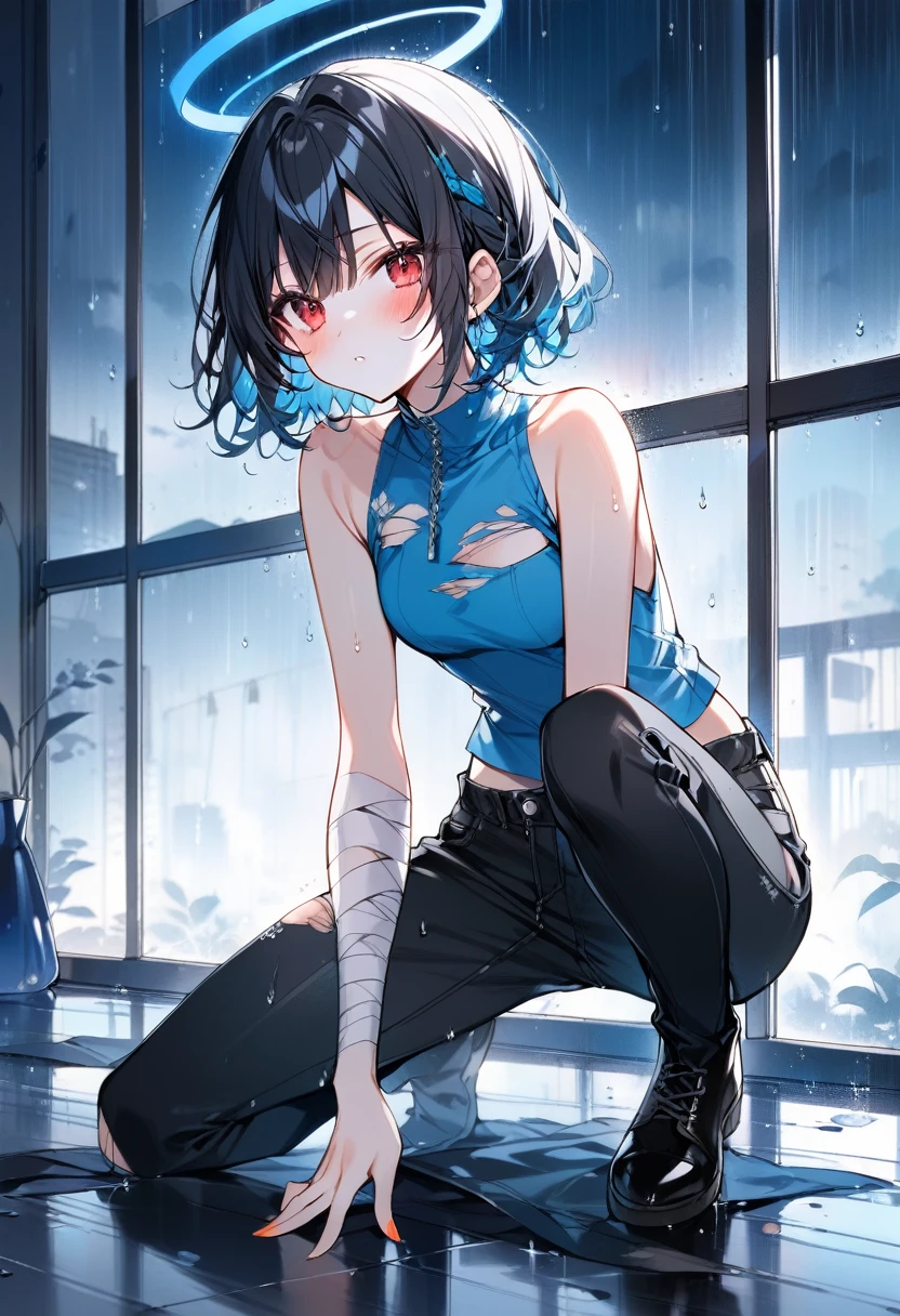 1girl, ciloranko:1.1, taya oco, official art, absurdres, traditional media, best quality, perfect anatomy, solo, halo, torn pants, short hair, red eyes, bandages, pants, bandaged arm, torn clothes, looking at viewer, black hair, rain, black pants, window, red halo, sleeveless, rain against window, blue theme, blue lighting, blue tint, crouching, melancholic