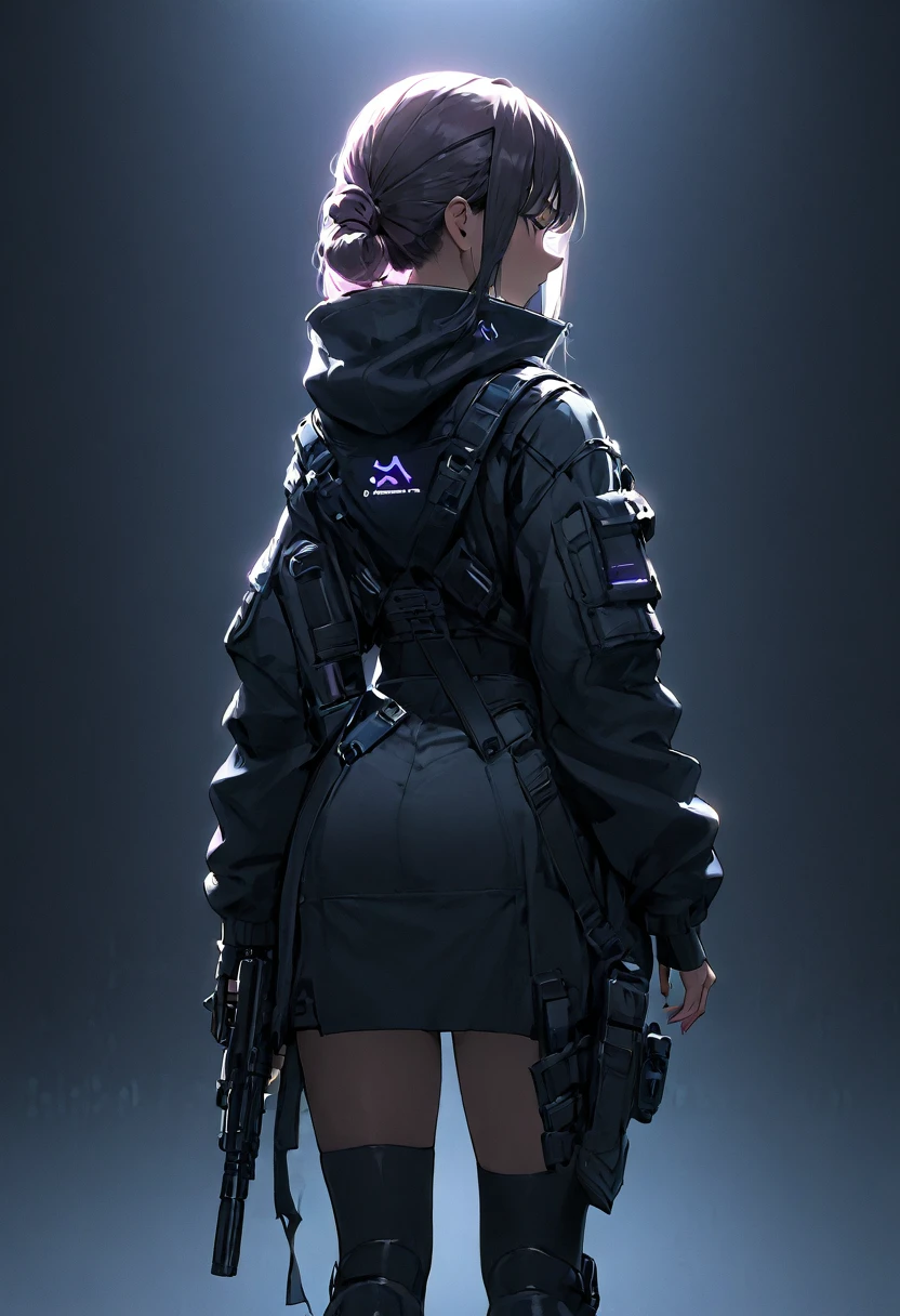 Techwear, girl, cyberpunk, back view, weapon, dark background 