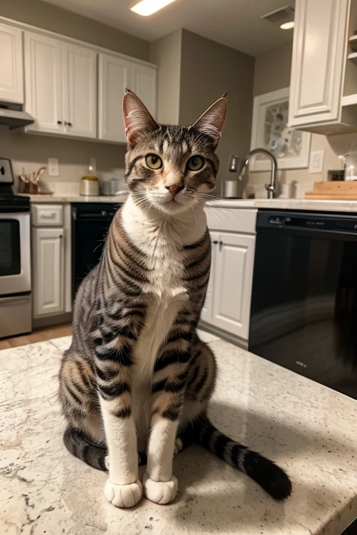 there is a cat sitting in a dishwasher in the kitchen, making a majestic pose, a handsome, sit casually, Cat on the table, Cat on the table in front of her, looking directly at the camera, awesome cat, on the kitchen table, sitting on his throne, Sitting at a table, Mischievous!!, proud looking away, proud look