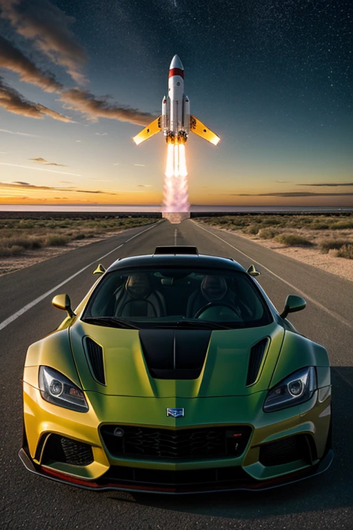 Generate an image of a sports car parked in front of a sunset and above it a rocket taking off but on an afternoon with stars and OsirisSpace says that there are stars