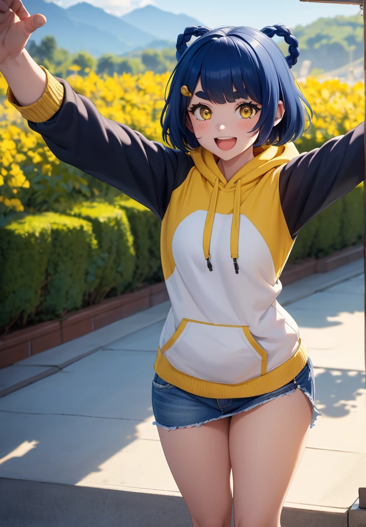 Masterpiece, Best Quality, 1 girl, Xiangling (genshin impact), selfie, SMILE, hair ornament, IN, looking at the viewer, yellow eyes, short hair, :d, fringe, hair pin, Open mouth, long sleeves, thick eyebrows, Hoodie, >_<, blue hair, puesta de sun, Casual, blurred, Arm raised, fringe romo, Upper part of the body, suno, disfraz alternatiINo, sun, reaching the viewer, Xd, sweater, outdoor, braid, panda, mountain, depth of field, sky