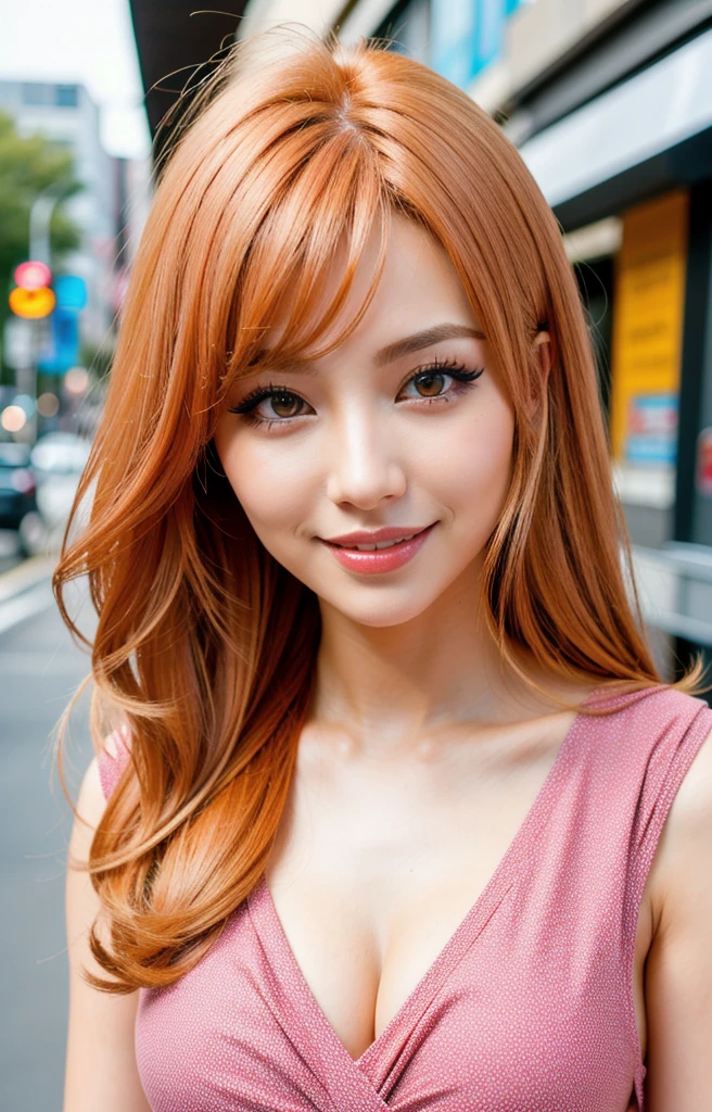 best quality, masterpiece, highres, (detailed:1.4), 1 girl, (thick eyeliner), bright hair color, streak, hair extensions, thick eyeshadow, Fair-skinned, extremally thin eyebrows, Highlighted eyes with eyeliner, false eyelashes、,congident smile,enjoy,look at viewer,japanese city,standing,gyaru,big breasts,