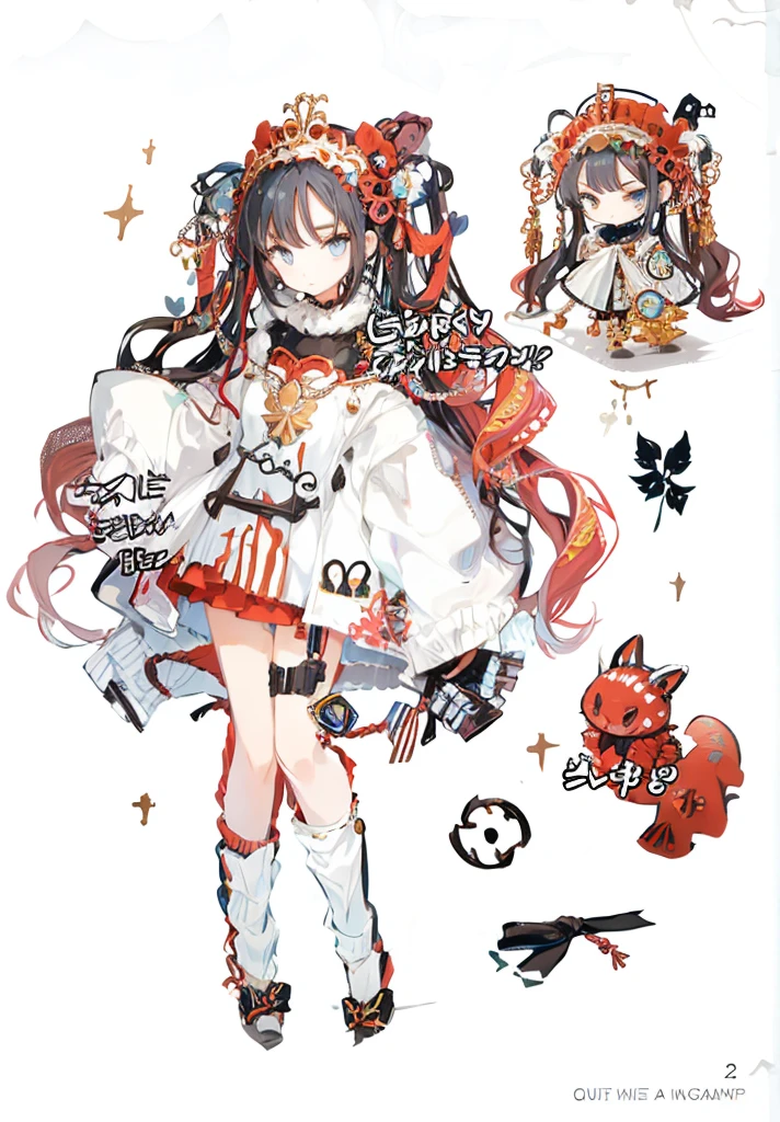 A girl,(Standing picture),(whole body),Character Design,Long hair,Fashion Design,Complex headdress,Complex clothes,cute,Everyday wear,Black hair