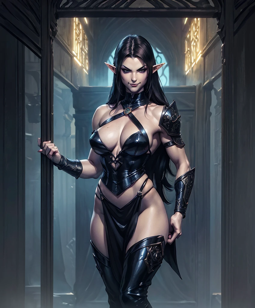 (((Luxurious shoulder length dark hair and sexy smirk.))) (((18 years old.))) (((18yo.))) (((Cute smirk.))) (((Single character image.))) (((1girl))) Generate a character for a fantasy setting. (((Sexy stare.)))Looks like a sexy elf female in a medieval fantasy setting. Looks like a dangerously erotic and seductive elf in a medieval fantasy setting. Looks like a female elf medieval fantasy adventurer for Dungeons & Dragons. (((Looks like a sexy female elf adventurer))). (((small breasts))), (((wearing black, sleek, sexy, medieval fantasy armor))), A single character portrait, (((erotic jewelry))), (((sexy and aloof))), (((slender body))), (((slender frame))), (((sexy muscles))), (((alluring face))), (((gymnast body))), fantasy artwork, fantasy attire, fantasy adventurer, attractive, youthful, sexy, (((sexy smile))), (((dark features))), arched eyebrows, scowl, (((sexy, long, exotic, hair))), mysterious, (((serious expression))), sexy body, pathfinder, Dungeons & Dragons character portrait, intricate details, ultra detailed, extremely detailed hands, ultra detailed clothes, ultra detailed hands, epic masterpiece, ultra detailed, hyperdetailed hands, digital art, unreal engine, 8k, ultra HD, centered image