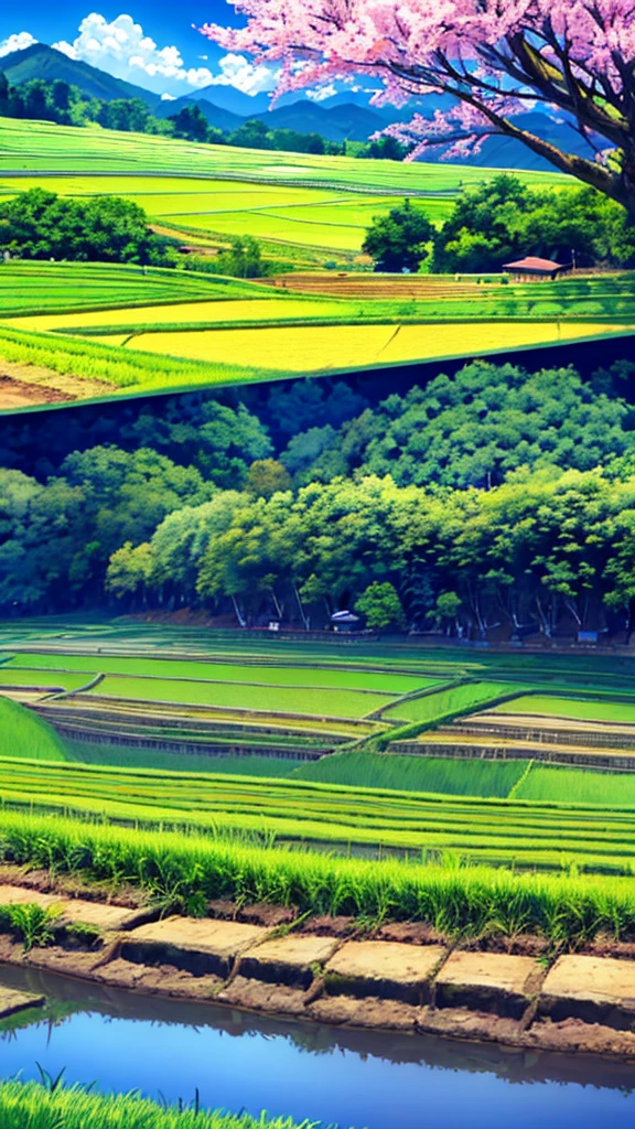 cloudy day, countryside view of Japan, paddy fields,small streams, sakura tree, blue sky, hills, trees, landscape, nature view 