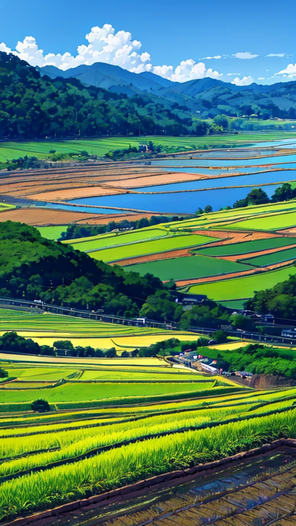cloudy day, countryside view of Japan, paddy fields,small streams, sakura tree, blue sky, hills, trees, landscape, nature view