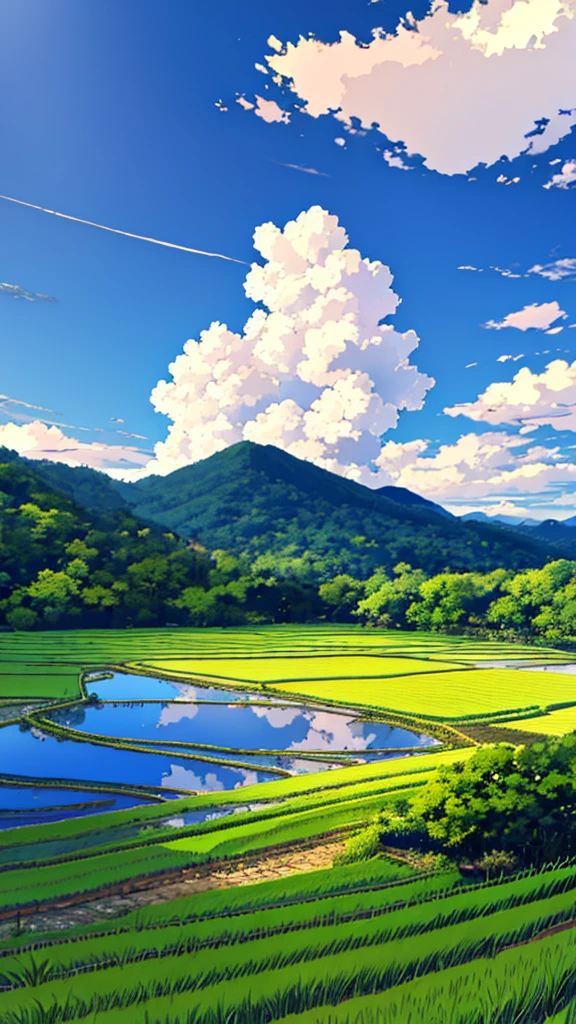 cloudy day, countryside view of Japan, paddy fields,small streams, sakura tree, blue sky, hills, trees, landscape, nature view
