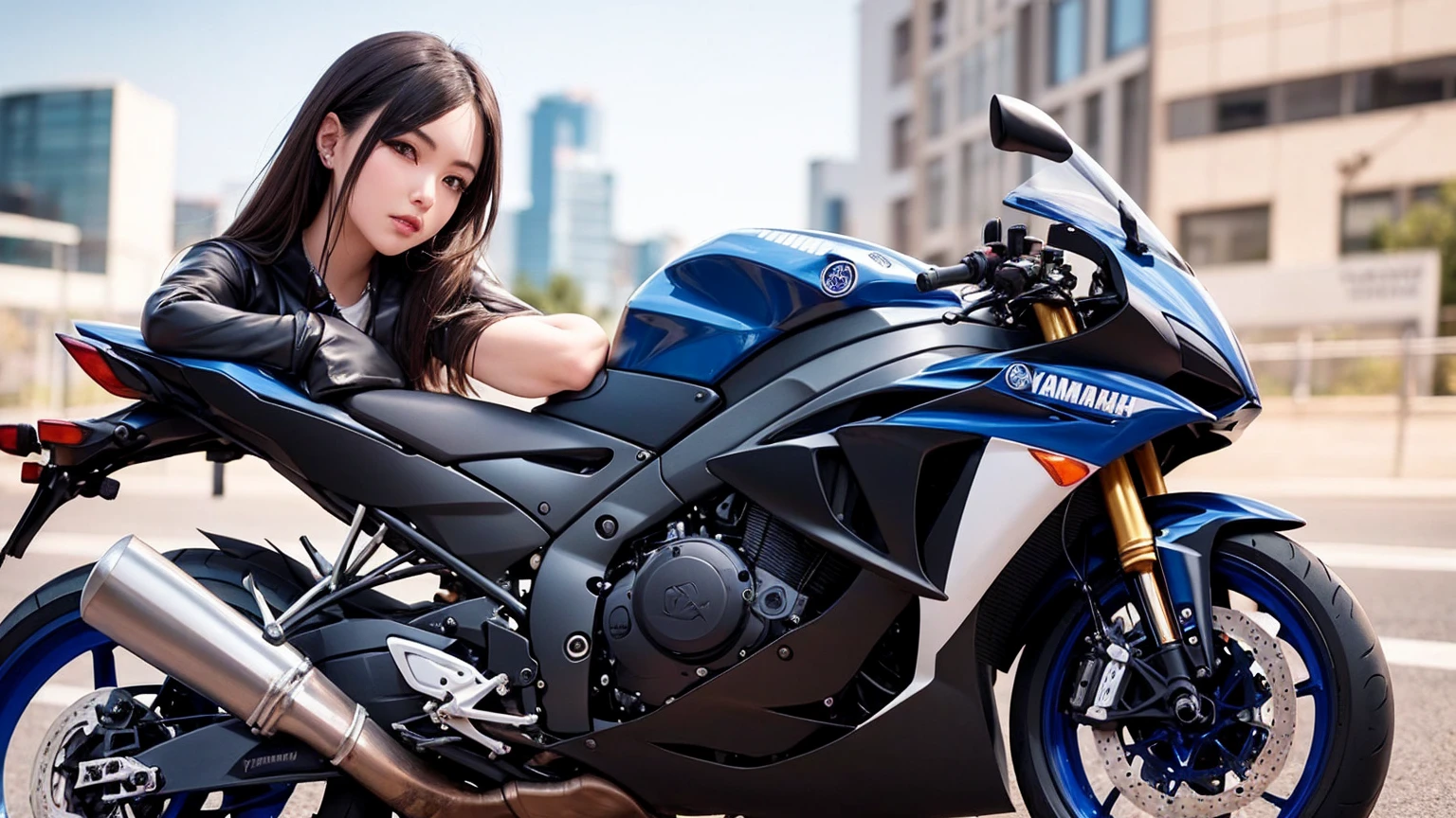 Raw Photo,4k best Quality,Japanese model girl,(High Detailed eye, High Detailed nose, Ivory Skin, Realistic, Brown Long Hair,Emo Curl Style Hair,Slim body Shape, Sports Type Dress,)Full Suit,NSFW,She Ride a Motorcycle at Road,(Yamaha R6 Motorcycle, Sponsored by Yamalube,Model 2021,),City Blur Background, Shadow Cenimatic Lighting, masterpiece