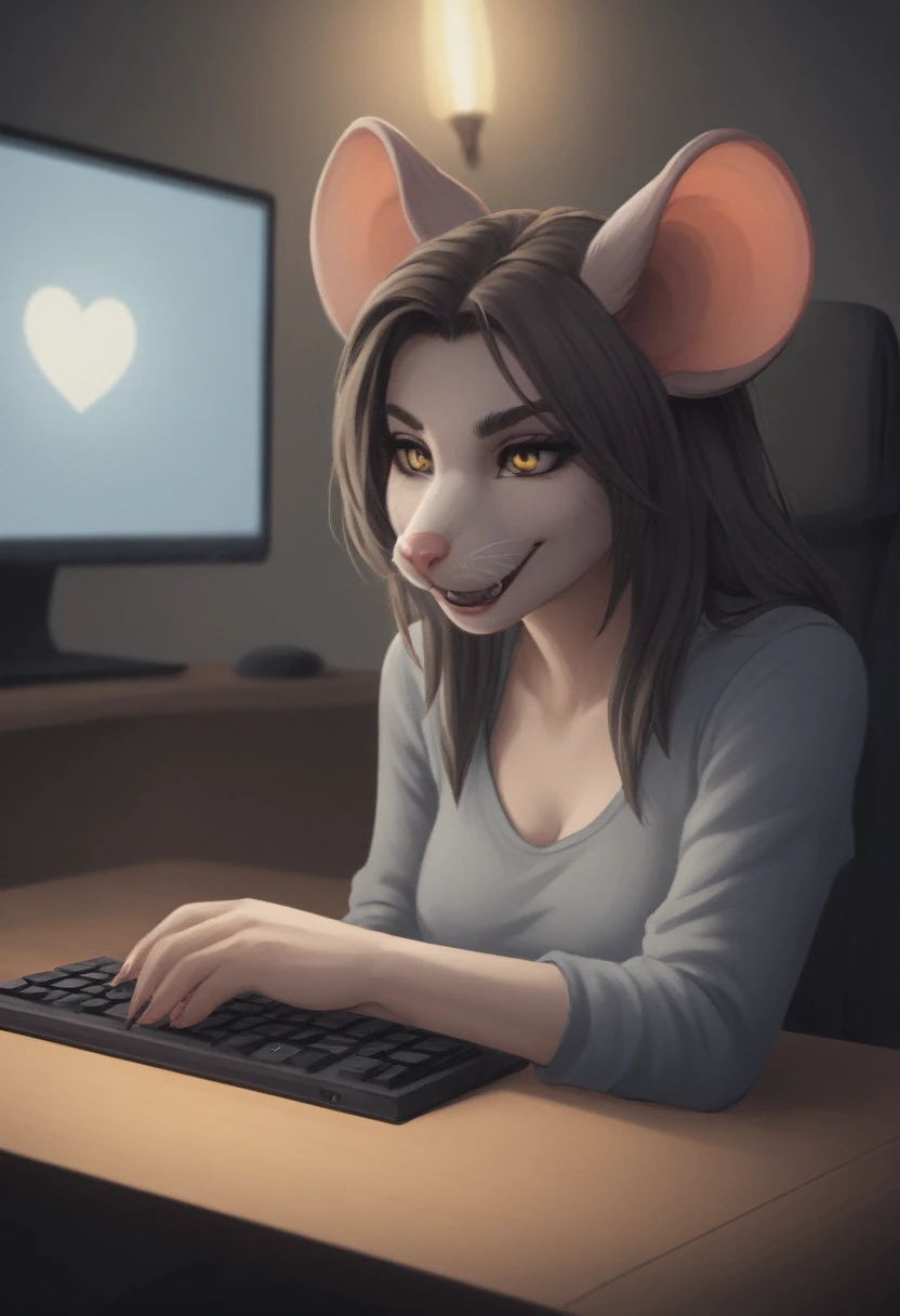 A rat woman, playing Dead By Daylight on a gaming computer