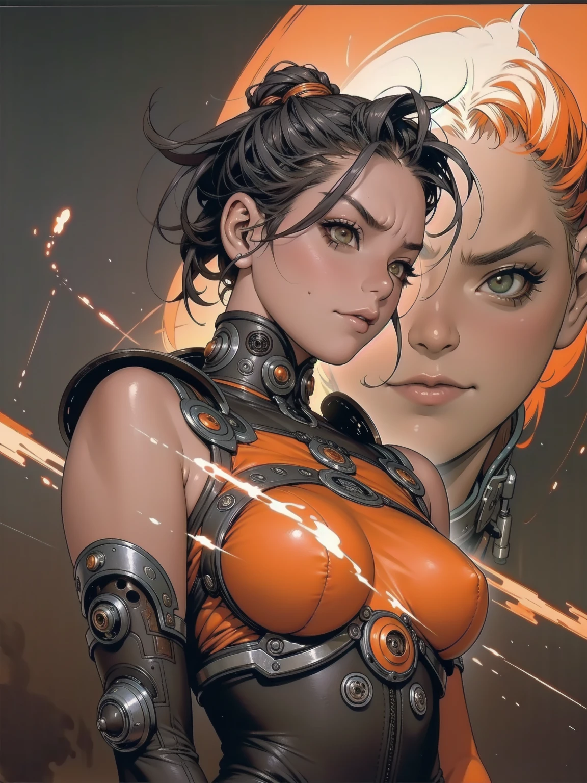 A highly detailed and realistic skull girl,( eyeballs. Taylor Alegria) cyberpunk character, furious mad max, one-handed robot, Cyborg arm, hair orange, dramatic metal heavy rock theme, best qualityer, 8K, hyper realist, photorrealistic, extremely detailed painting, studio lighting, bright coloured, dark and moody atmosphere, cinematic, dramatic pose, Intricate mechanical details, glowing energy effects, intense sandy textures, Seamless integration of organic and inorganic elements. Wearing the used clothes of a deserter. fund: An apocalyptic desert. Dusty and depressing.