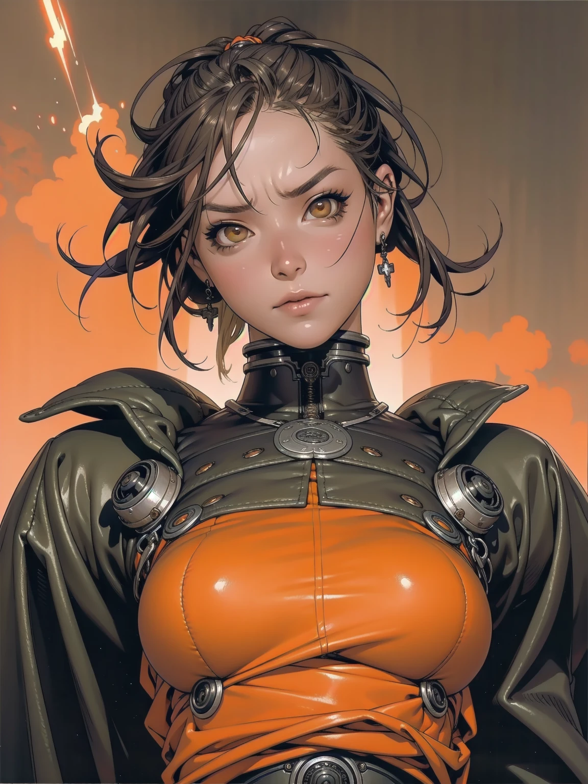 A highly detailed and realistic skull girl,( eyeballs. Taylor Alegria) cyberpunk character, furious mad max, one-handed robot, Cyborg arm, hair orange, dramatic metal heavy rock theme, best qualityer, 8K, hyper realist, photorrealistic, extremely detailed painting, studio lighting, bright coloured, dark and moody atmosphere, cinematic, dramatic pose, Intricate mechanical details, glowing energy effects, intense sandy textures, Seamless integration of organic and inorganic elements. Wearing the used clothes of a deserter. fund: An apocalyptic desert. Dusty and depressing.