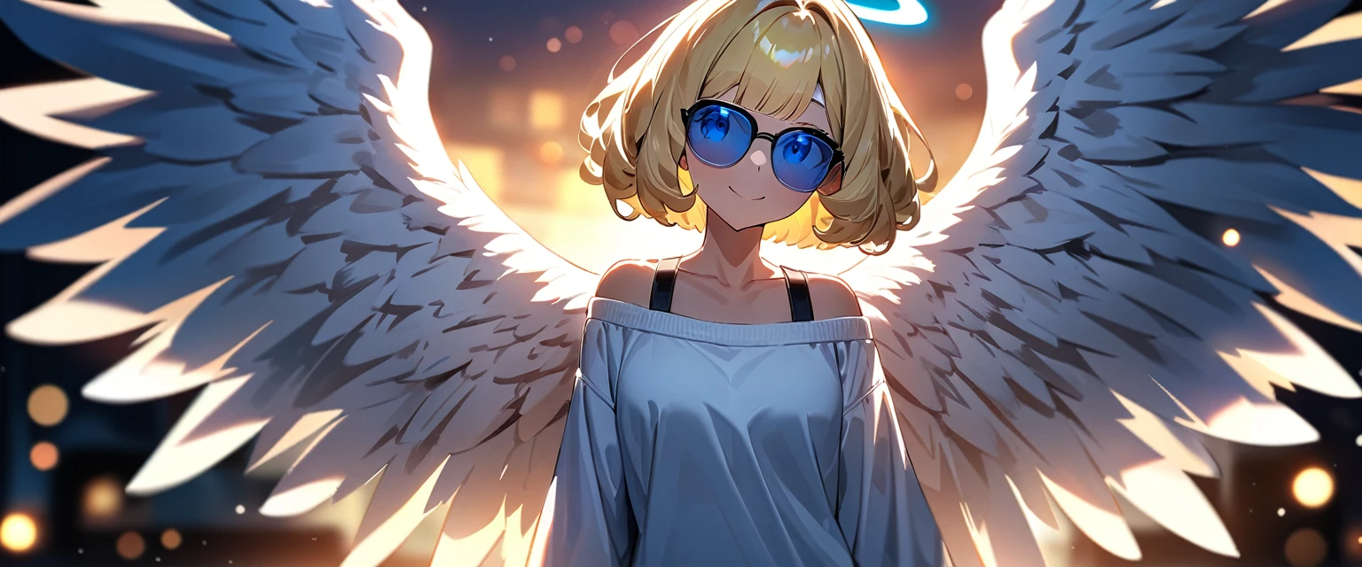 ((flying in the sky)), ((angel, big big white wings:1.3, halo:1.3)), ((sky)), (((sunglasses, hand to sunglasses))), (((cowboy shot))), archangel Uriel, ((wavy hair, inward curled hair)), evening, Sunset, ((blond hair, bob cut:1.3)), breasts, ager, (looking at viewer), oversized clothes, puffy long sleeves, collarbone, ((off-shoulder sweater:1.3, Quite thick shoulder straps)), ((white sweater)), collarbone, head tilt:1.3, (((blue eyes))), ((happy smile)), (((anime style))), (best quality, 4K, 8K, highres, masterpiece:1.2, ultra-detailed, ultra-detailed eyes, HDR, uhd, studio lighting, ultra-fine painting, sharp focus, physically-based rendering, extreme detail description, professional, vivid colors, bokeh)