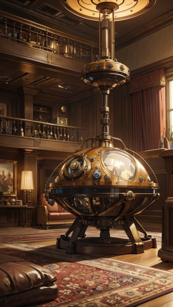 One organic steampunk mechanical UFO sits on the floor of a modern living room with a carpet planted on it., Modern interior, High quality photos, Ultra high resolution, (realistic:1.4), movie theater lighting, Crazy details, Too realistic, great details, Octane rendering