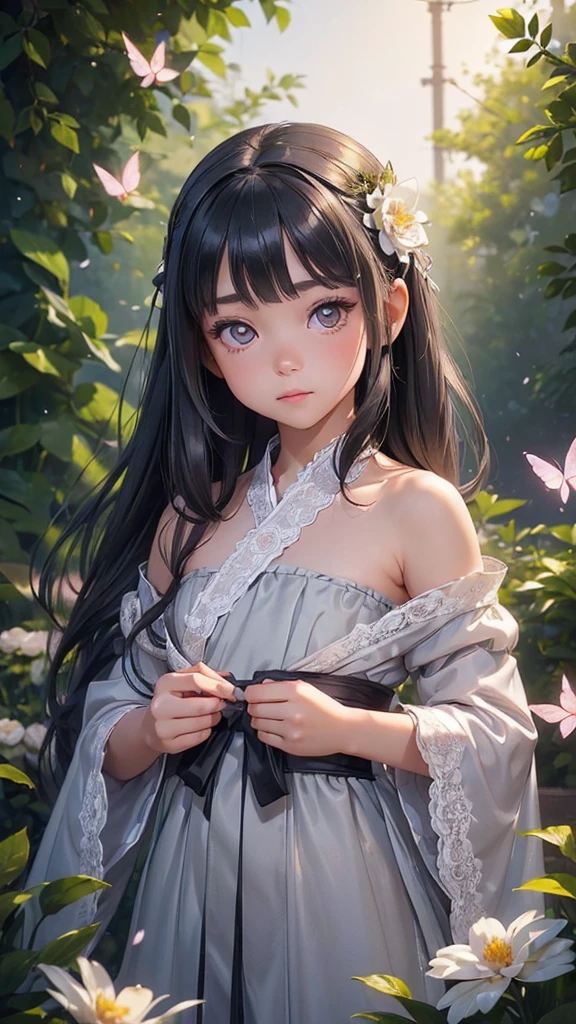 (little girl: 1.5), lace, ribbon, Hanfu, (Masterpiece, side lights, Delicate and beautiful gray eyes: 1.2), Masterpiece, realistic, glowing eyes, shiny hair, dark hair, long hair, Shiny skin, alone, bearish, strapless, Delicate, beautiful, garden, flower, petals fluttering,