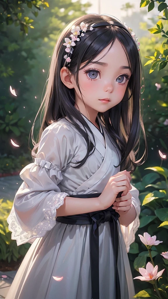 (little girl: 1.5), lace, ribbon, Hanfu, (Masterpiece, side lights, Delicate and beautiful gray eyes: 1.2), Masterpiece, realistic, glowing eyes, shiny hair, dark hair, long hair, Shiny skin, alone, bearish, strapless, Delicate, beautiful, garden, flower, petals fluttering,