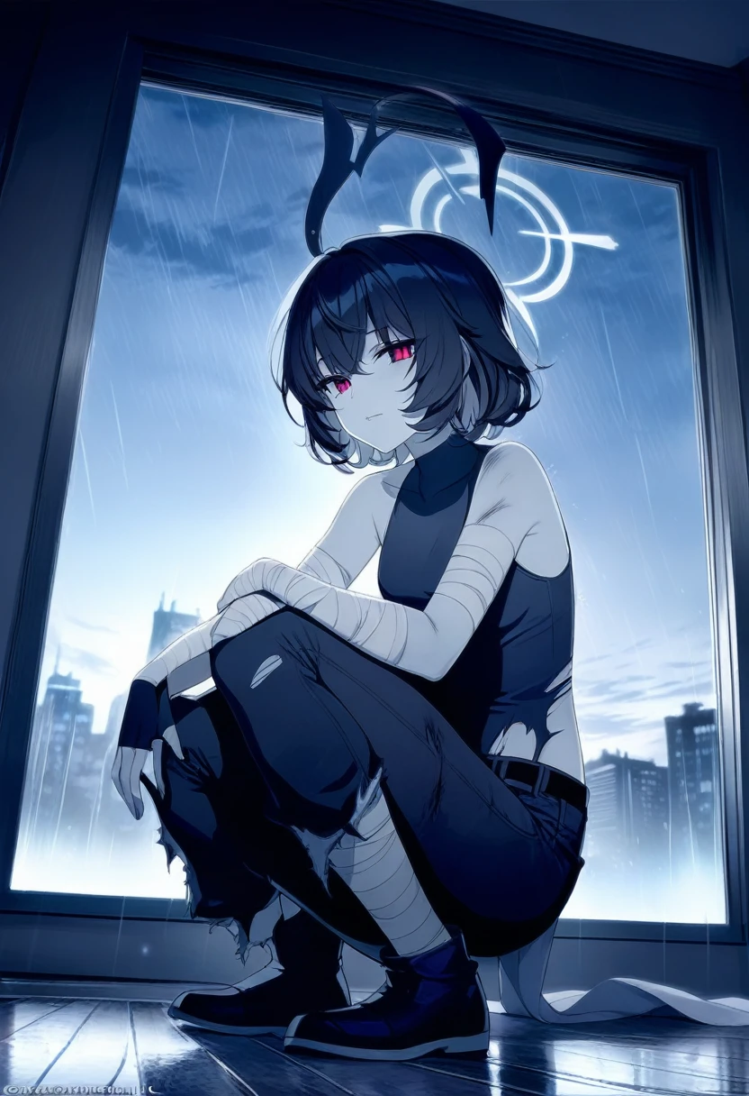 1girl, ciloranko:1.1, taya oco, official art, absurdres, traditional media, best quality, perfect anatomy, solo, halo, torn pants, short hair, red eyes, bandages, pants, bandaged arm, torn clothes, looking at viewer, black hair, rain, black pants, window, red halo, sleeveless, rain against window, blue theme, blue lighting, blue tint, crouching, melancholic