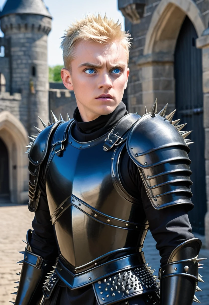 A male guard wearing black armor, covered in spikes.  short blonde hair, blue eyes, wide eyes, confused face. youthful face.  Castle gates background. Body shot 