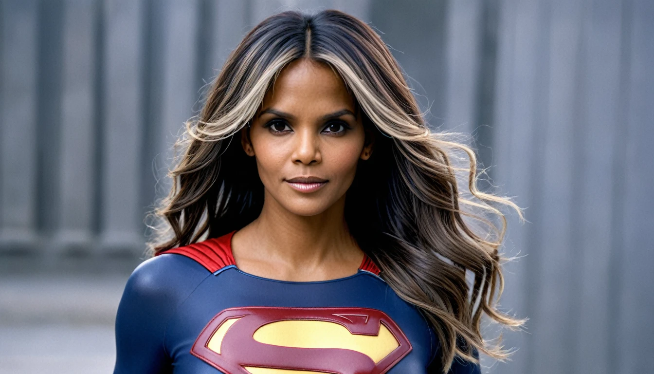 masterpiece, best quality, (high resolution: 1.2), highly detailed, (detailed skin: 1.1), realistic, analog photography,; image with blurred background; foto tirada por fotógrafo profissional; ; Halle Berry 1984 Supergirl movie costume (((long hair Grey)))