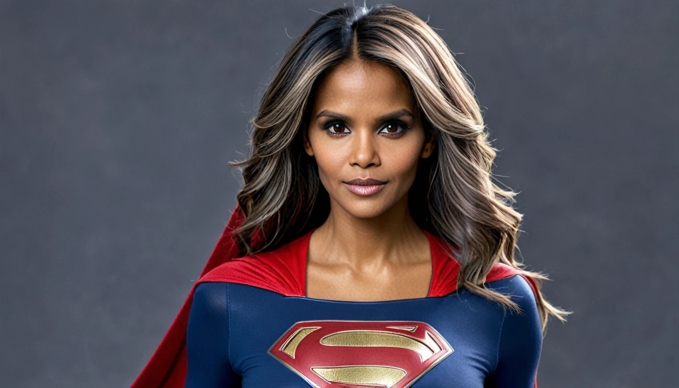 masterpiece, best quality, (high resolution: 1.2), highly detailed, (detailed skin: 1.1), realistic, analog photography,; image with blurred background; foto tirada por fotógrafo profissional; ; Halle Berry 1984 Supergirl movie costume (((long hair Grey)))