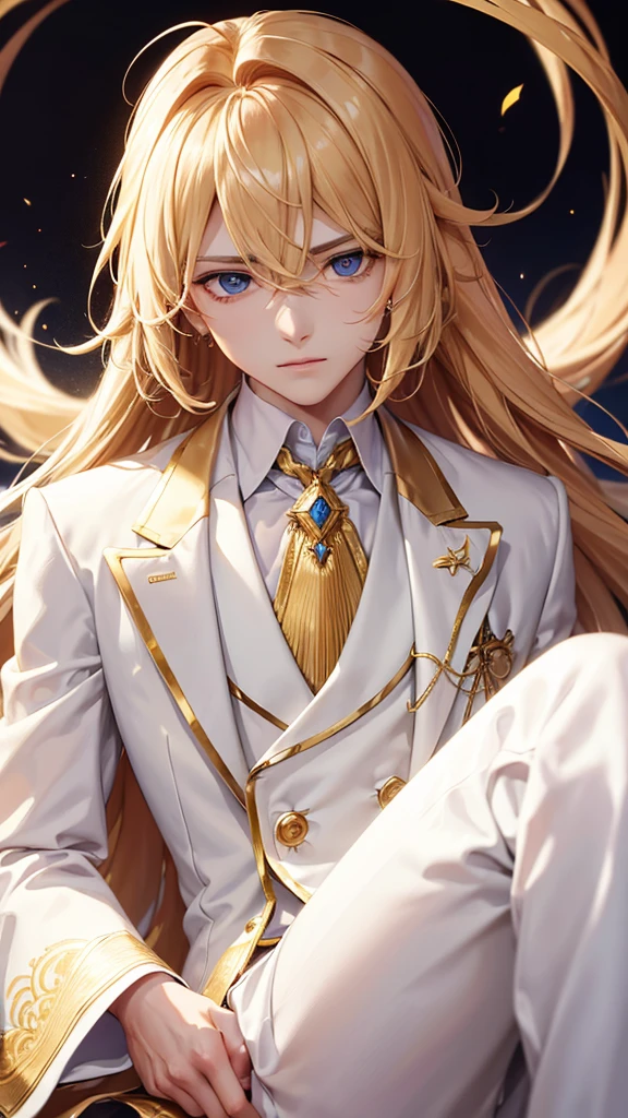 With golden hair,The hair is on the back,Eyes jewel colored,There is still hatred in his eyes,Wearing a white suit is very elegant,A boy emitting hatred