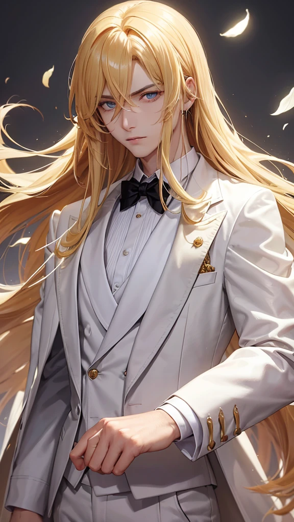 With golden hair，The hair is on the back，Eyes jewel colored，There is still hatred in his eyes，Wearing a white suit is very elegant，A boy emitting hatred