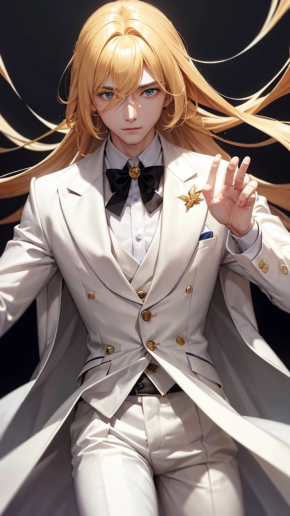 With golden hair，The hair is on the back，Eyes jewel colored，There is still hatred in his eyes，Wearing a white suit is very elegant，A boy emitting hatred