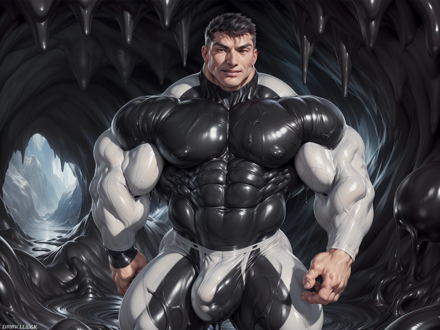 (male:in black and white latex bodysuit pattern ,human head:1.5,light skin face:1.5,short hair:1.5,handsome:1.5),(((nude:white latex suit:ral-melting,opening chest show skin:1,bulge))),portrait close up,hand on hips pose,sweat:1, best quality, (((in a black slime cave background))), detailed background, muscular male, big muscles,chunie(anatomy), (,by chunks by ross ,by null-ghost, by thebigslick, by darkgem, by honovy),cinematic light
