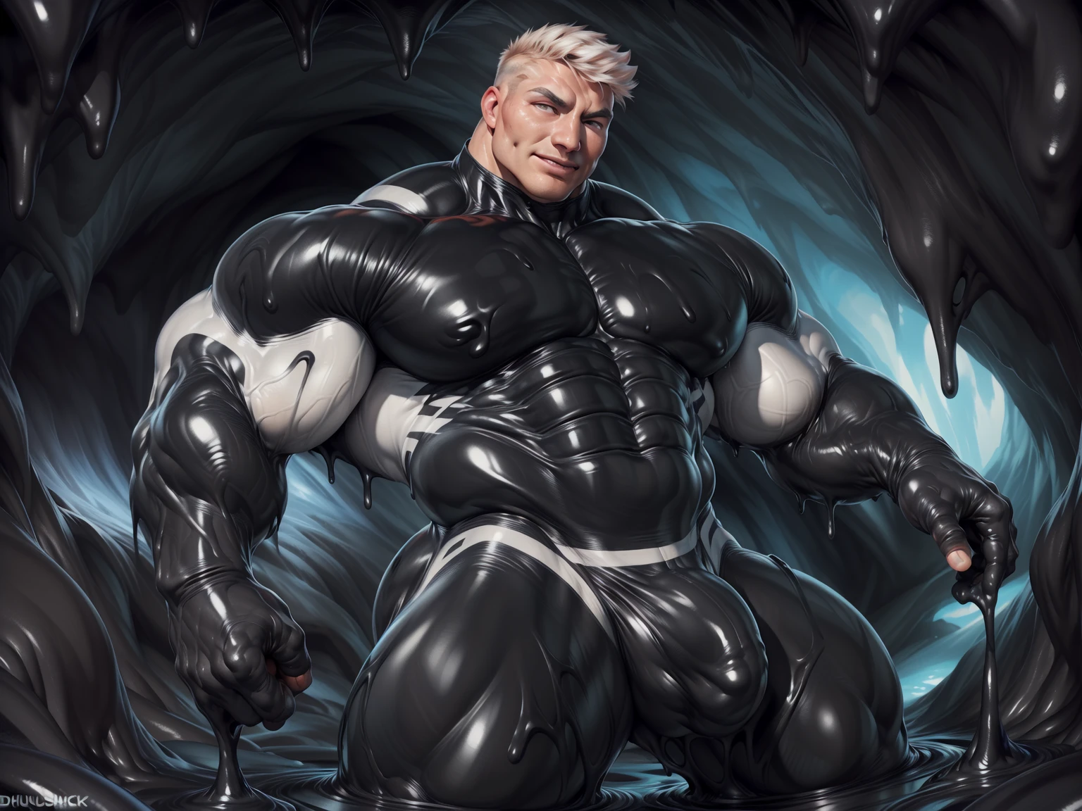 (male:in black and white latex bodysuit pattern ,human head:1.5,light skin face:1.5,short hair:1.5,handsome:1.5),(((nude:white latex suit:ral-melting,opening chest show skin:1,bulge))),portrait close up,hand on hips pose,sweat:1, best quality, (((in a black slime cave background))), detailed background, muscular male, big muscles,chunie(anatomy), (,by chunks by ross ,by null-ghost, by thebigslick, by darkgem, by honovy),cinematic light
