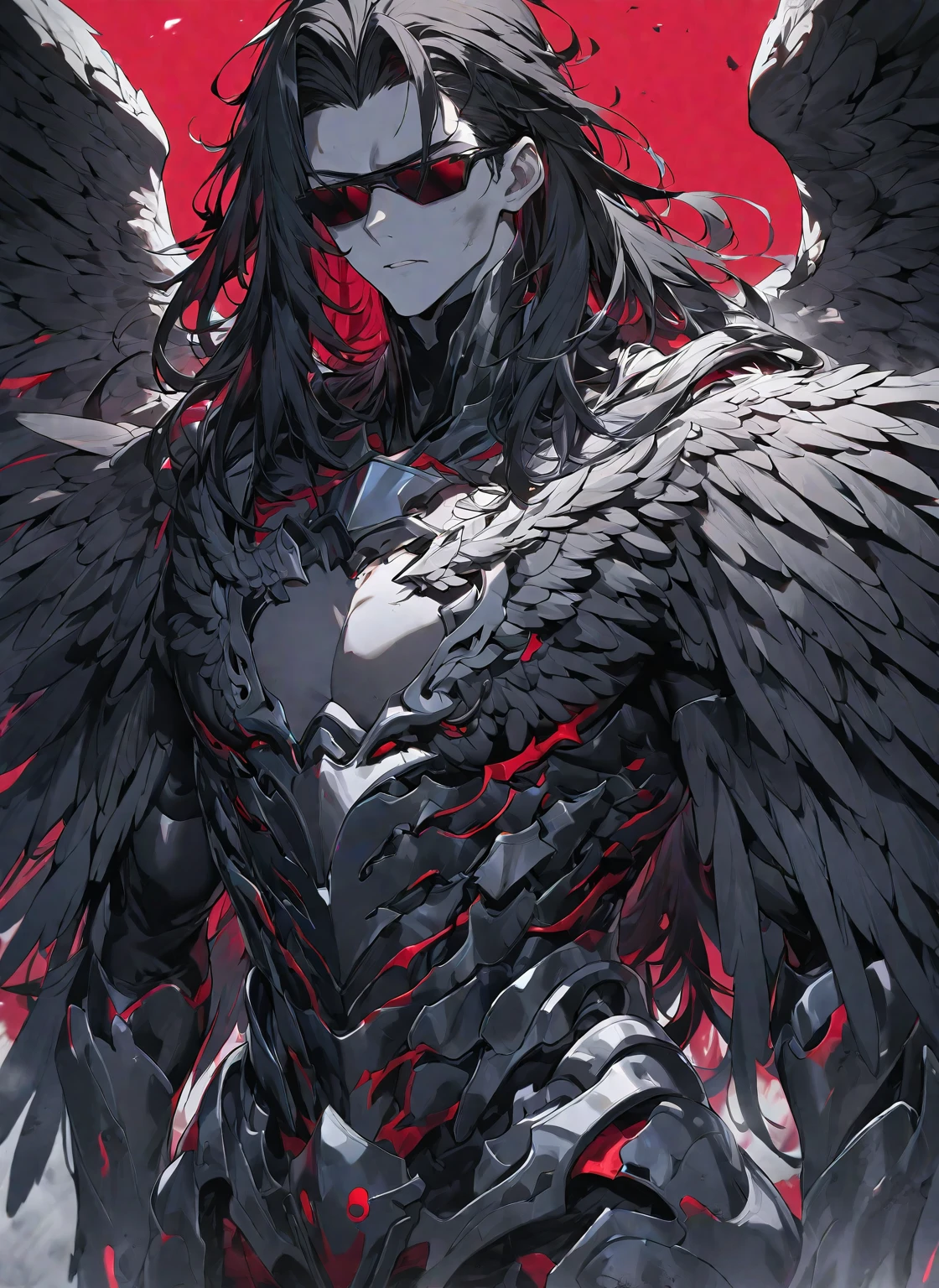 Best quality, One, beautiful, 1 man, tall man, with a sporty body, V-shaped body, wide shoulders, black detailed armor with bright white details, 10 black feathered wings, long hair, Black hair covered with dirt and Charcoals, neon white pupils (white eyes), against the background Black miasma with shades of red