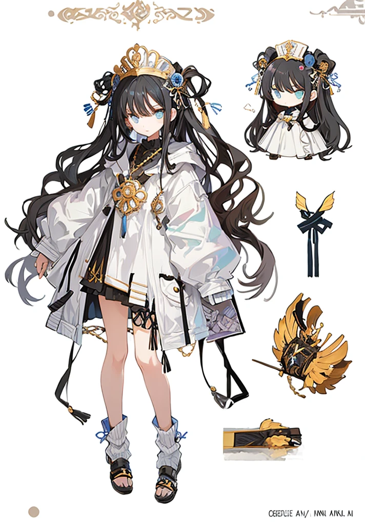 A girl，（Standing picture），（whole body），Character Design，Long hair，Fashion Design，Complex headdress，Complex clothes，cute，Everyday wear，Black hair