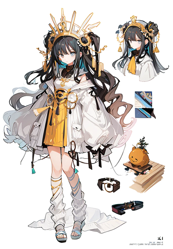 A girl,(Standing picture),(whole body),Character Design,Long hair,Fashion Design,Complex headdress,Complex clothes,cute,Everyday wear,Black hair