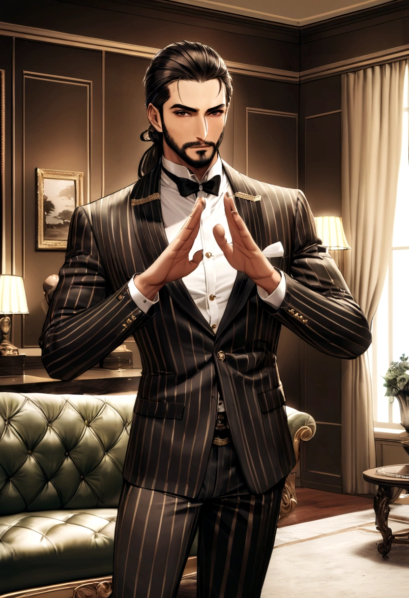 character standing with arm outstretched, dark hair (neck-length hair tied in a ponytail), boa pose, handsome man, Face pretty, caucasiano, Indian guy with beard, royal elegant pose, business man, (in a striped blazer), (The surrounding environment is a luxurious and classic living room) (sand tone image)