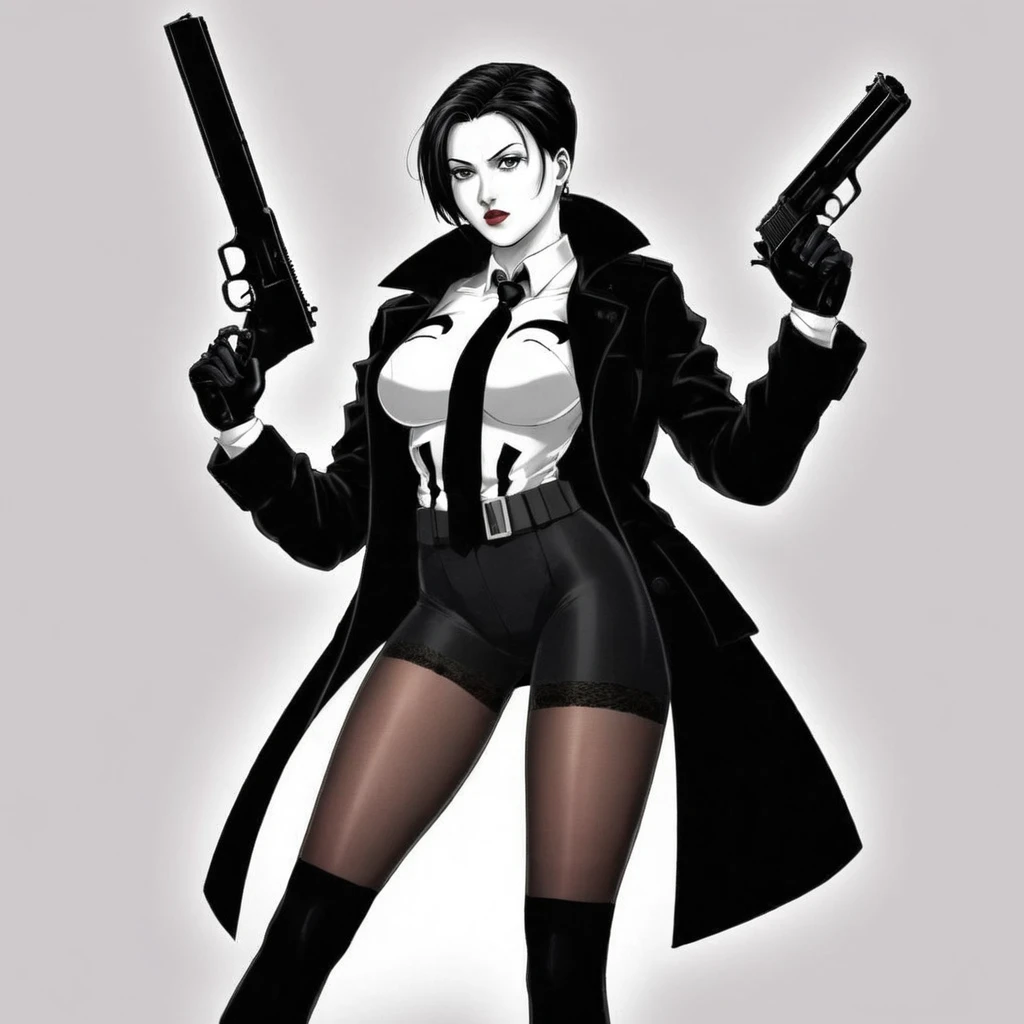 anime artwork of a sexy punisher woman in a black punisher coat with stockings holding a gun anime manga girl style, anime style, key visual, black and white line art, studio anime, coloring page, white background