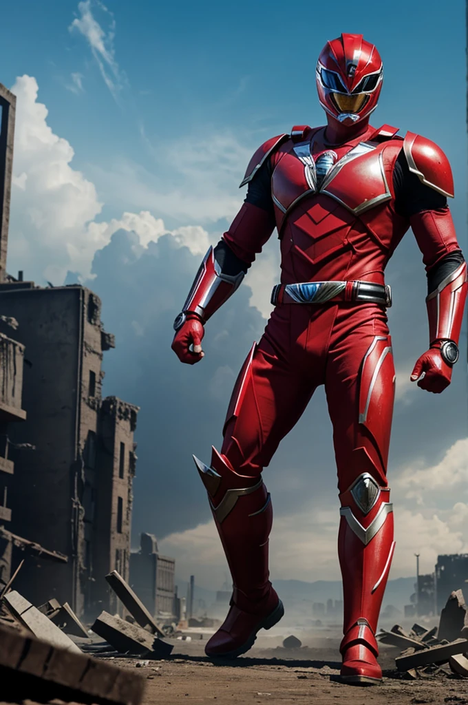 You could create a character with a design similar to the red Power Ranger with a devastated city behind 