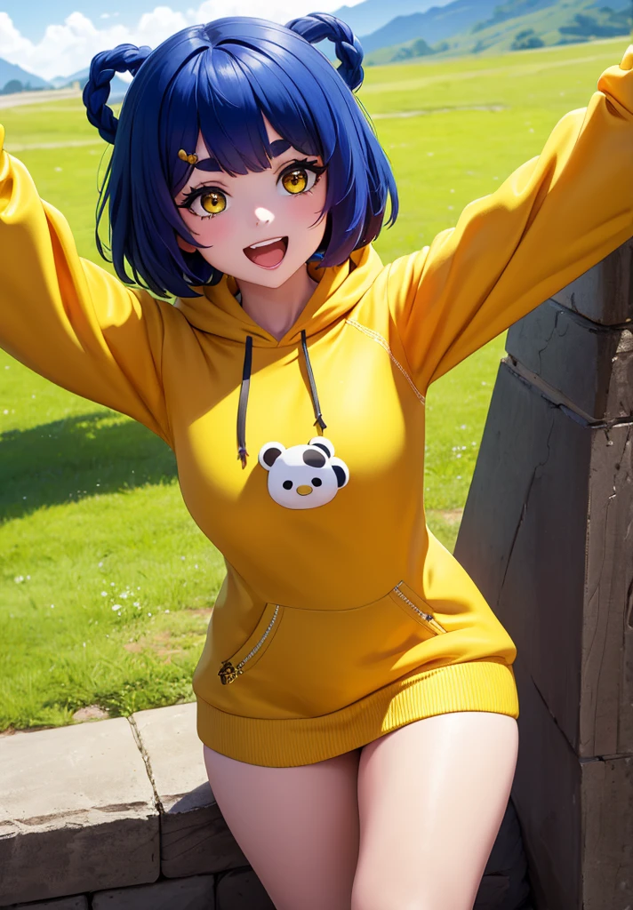 Masterpiece, Best Quality, 1 girl, Xiangling (genshin impact), selfie, SMILE, hair ornament, IN, looking at the viewer, yellow eyes, short hair, :d, fringe, hair pin, Open mouth, long sleeves, thick eyebrows, Hoodie, >_<, blue hair, puesta de sun, Casual, blurred, Arm raised, fringe romo, Upper part of the body, suno, disfraz alternatiINo, sun, reaching the viewer, Xd, sweater, outdoor, braid, panda, mountain, depth of field, sky