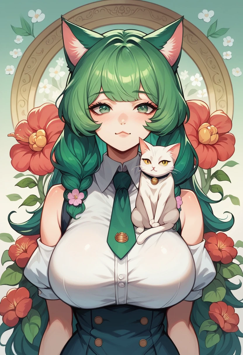 (( straight face picture )) ((best quality)),  ((Masterpiece)), (details), Young woman ,cat ears ,green hair ,Tie two strands , Cuddle a cat ,Japanese  ,Yeam ,Look straight. , Flower Background , big breasts ,Big butt 