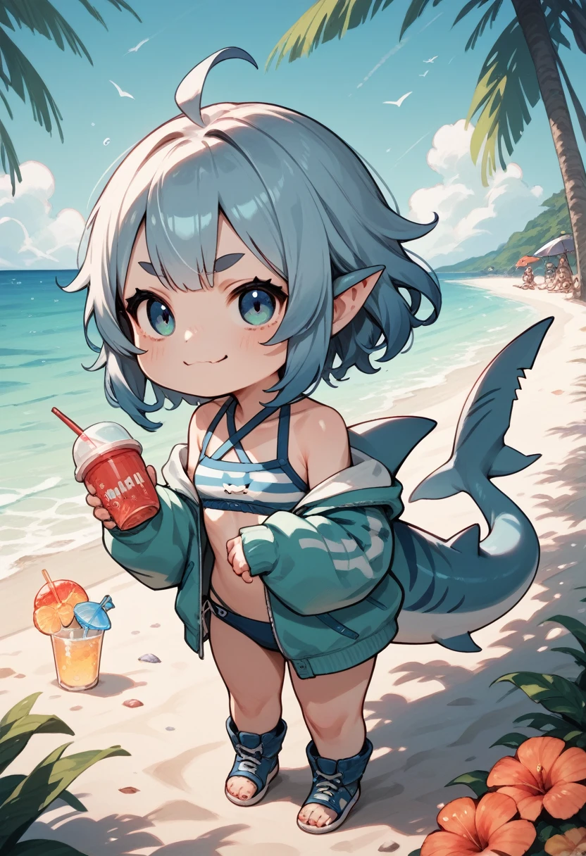 score_9, score_8_up, score_7_up, score_6_up, score_5_up, score_4_up, source_anime, illustration, 2.5D, chibi, cute shark girl, beach