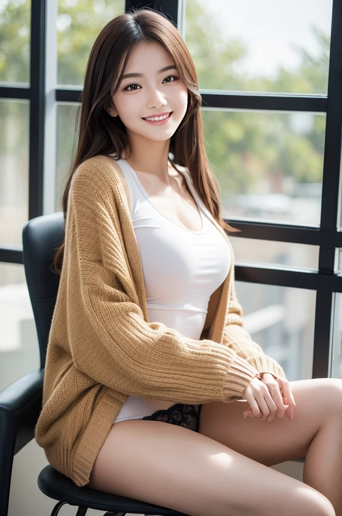 (Sitting posture 1.3),(Facing straight ahead 1.3),(1 girl),(Stock Highlight 1.3),(Shirt 1.3),(Cardigan 1.3),(Panties 1.3),Dynamic Angle,Attention to detail,Depth of written boundary,135mm,Textured skin,Super detailed,high quality,Awards,最high quality,High resolution,8K,White skin,Sun light,stylish,Perfect composition,最high quality,Very detailed,masterpiece,Cute face,Big smile,Beauty,Age 25,At the office,Sit on a chair,Tabletop,supreme beauty,masterpiece,