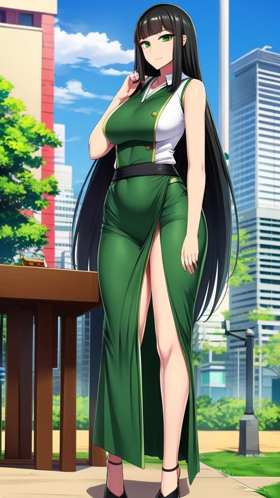 a tall woman temple teacher I learned wind air blower leaf long black hair her green eye wears a green sleeveless shirt with a button and a long green maxiskirt with a black heel