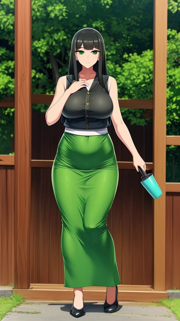a tall woman temple teacher I learned wind air blower leaf long black hair her green eye wears a green sleeveless shirt with a button and a long green maxiskirt with a black heel