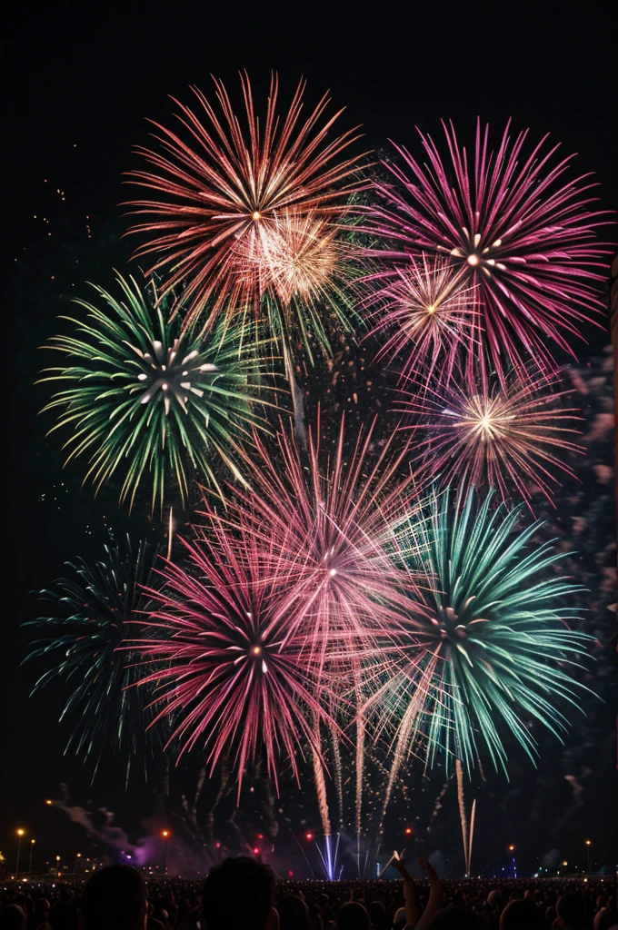 Please depict a mesmerizing display of multicolored fireworks bursting in the sky that humans cannot draw.