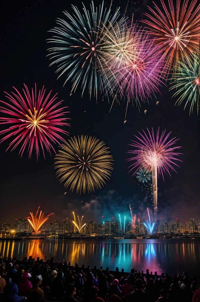 Please depict a mesmerizing display of multicolored fireworks bursting in the sky that humans cannot draw.
