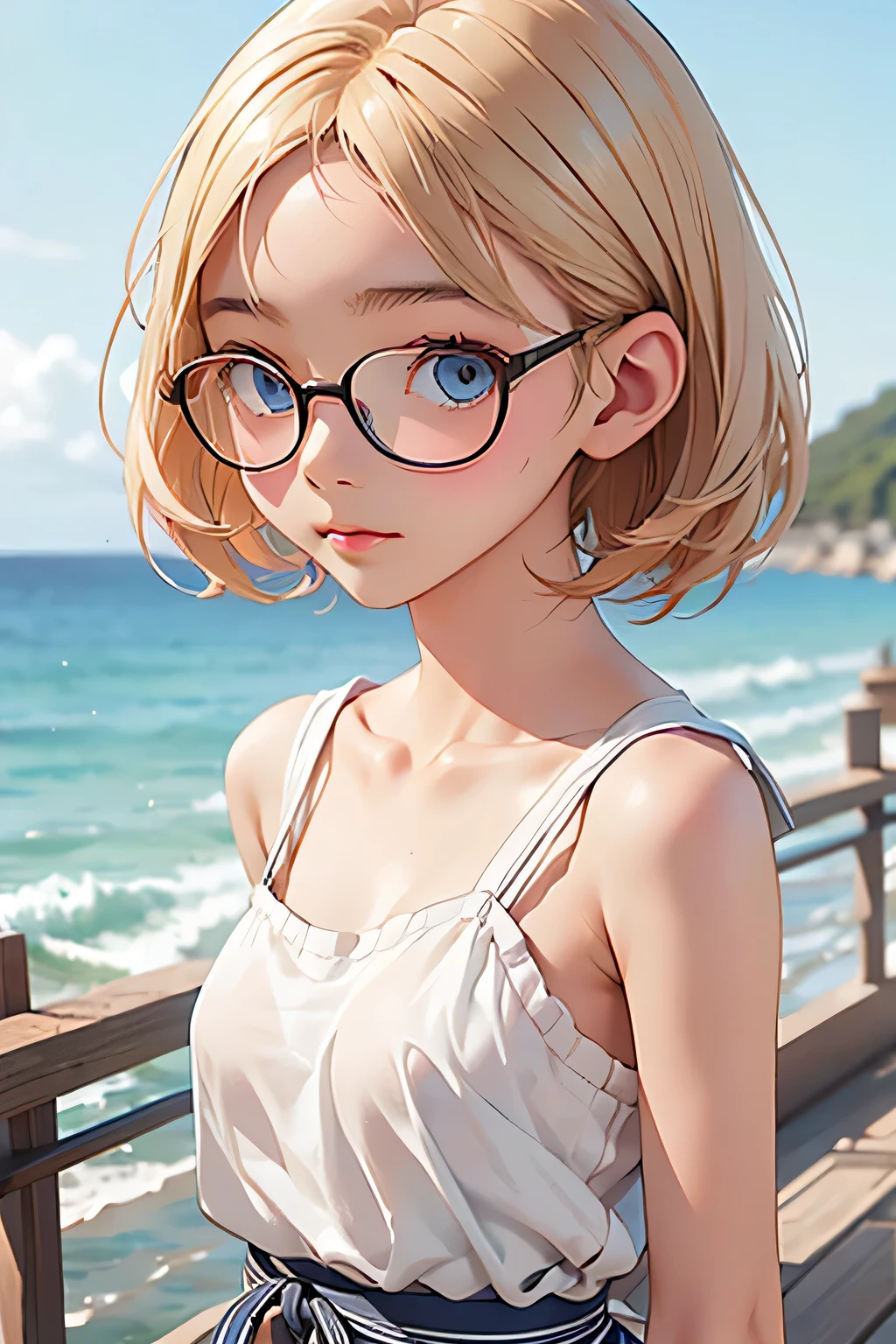 highest quality、Realistic、girl、Blonde Hair、Light blue eyes、short hair、Glasses、White dress、Tanned dark skin、Tan Skin、Brown black skin、Plump、Ocean、Bust Shot