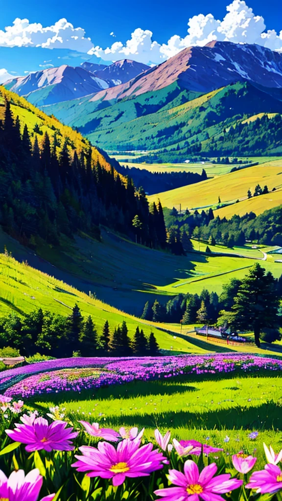 Beautiful landscape with flowers, mountains, trees, clouds