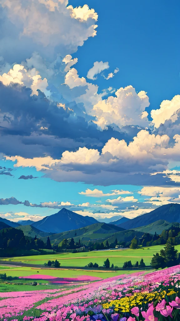 Beautiful landscape with flowers, mountains, trees, clouds