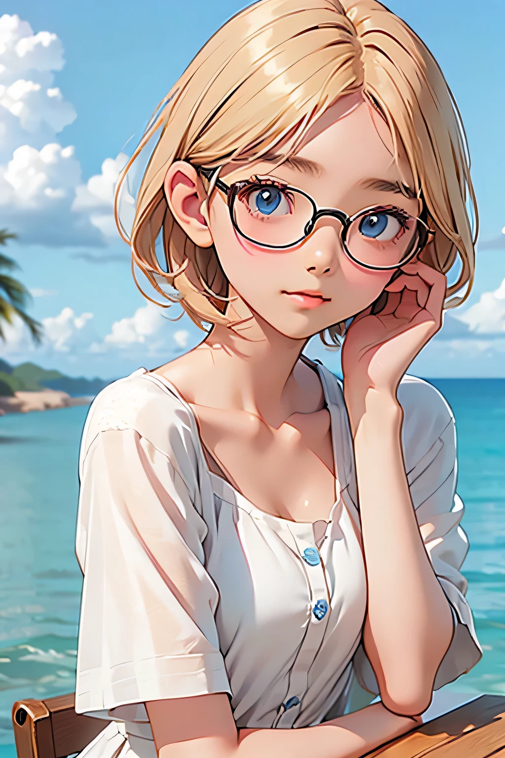 highest quality、Realistic、girl、Blonde Hair、Light blue eyes、short hair、Glasses、White dress、Tanned dark skin、Tan Skin、Brown black skin、Plump、Ocean、Bust Shot