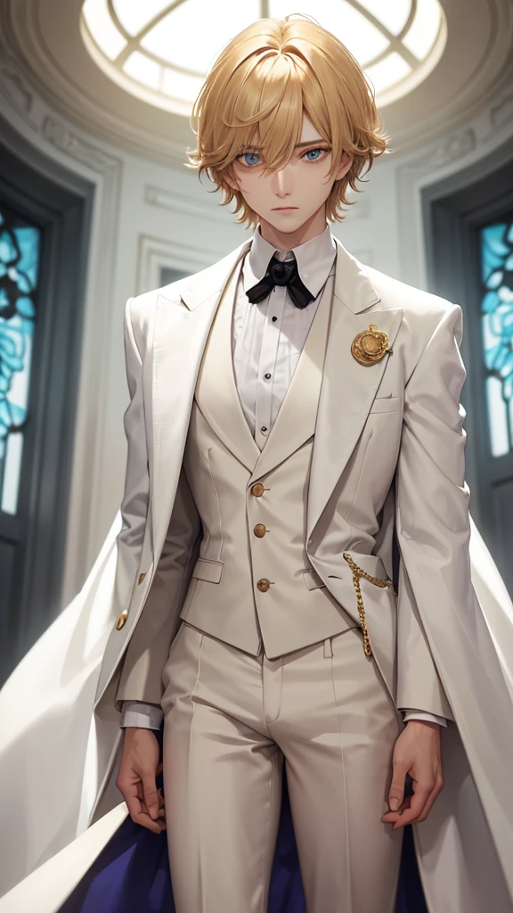 With short golden hair，The hair is on the back，Eyes jewel colored，There is still hatred in his eyes，Wearing a white suit is very elegant，A boy emitting hatred