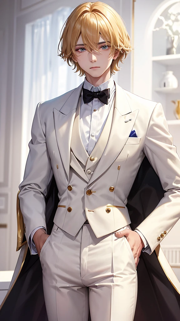 With short golden hair,The hair is on the back,Eyes jewel colored,There is still hatred in his eyes,Wearing a white suit is very elegant,A boy emitting hatred